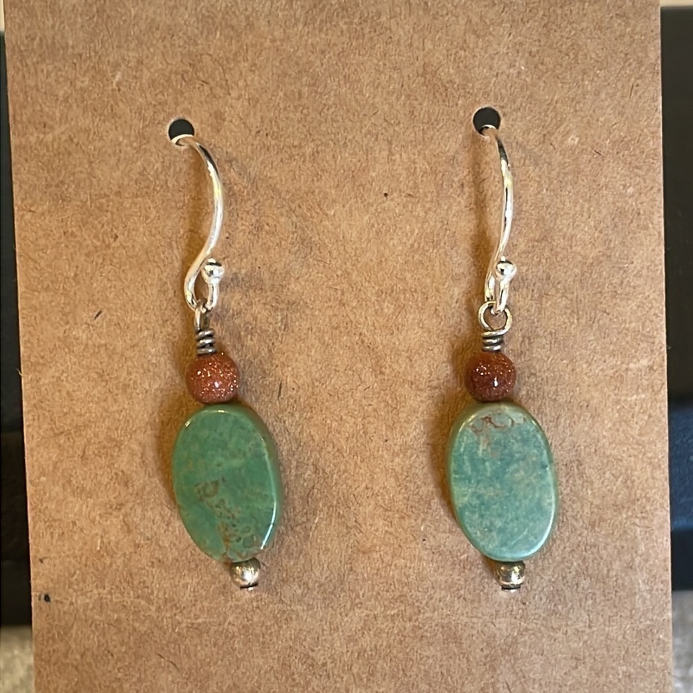 Sterling silver natural stone dangle drop green burnt orange glitter stone